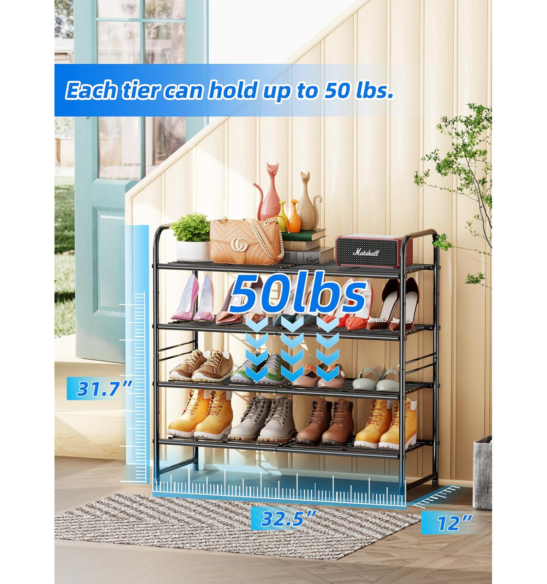 4-Tier 20 Pair Shoe Rack, Metal Stackable Shoe Storage for Closet